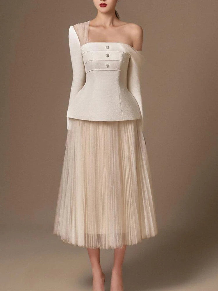 Diagonal Collar Long Sleeve Tunic Top High Waist A Line Skirt Sets