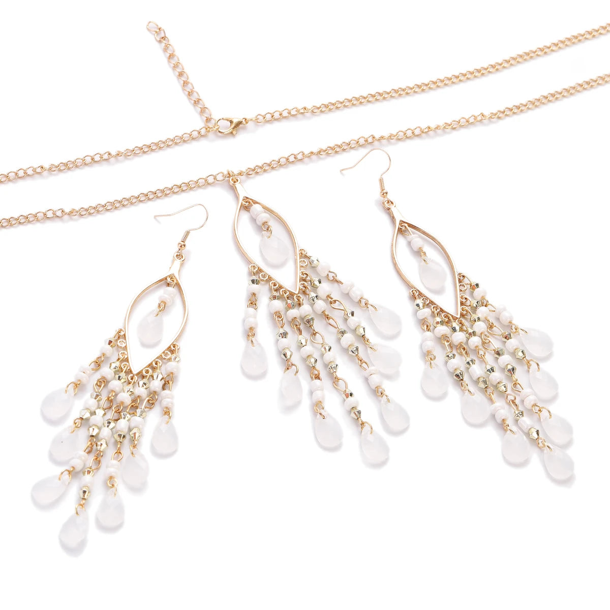 Bohemian Multicolor Crystal Long Tassel Dangle Earrings & Necklace Set – Retro Gold-Plated Geometric Wedding Jewelry