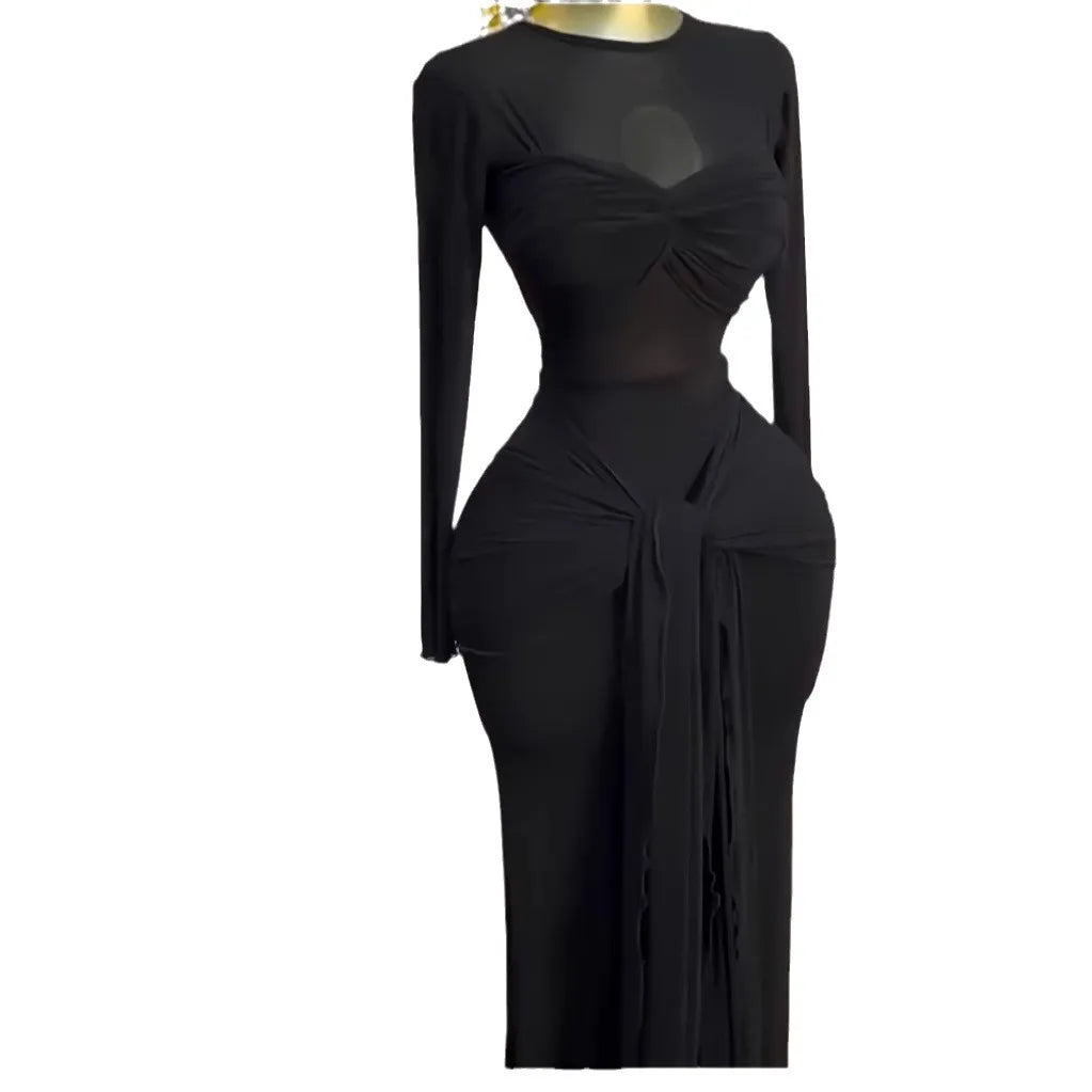 Mesh See Though Long Sleeve Maxi Bowknot Long Dress