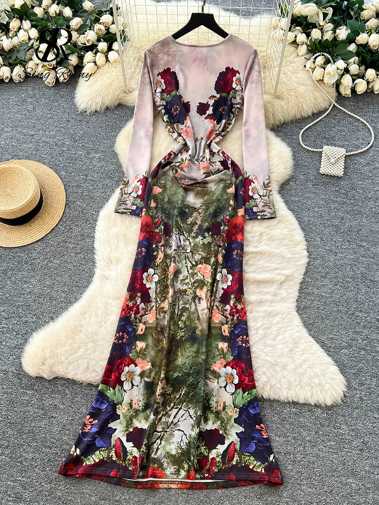 Spring Vacation Floral Long Sleeves Slim Elastic Milkmaid Designer-Inspired Vintage Print Maxi Dress