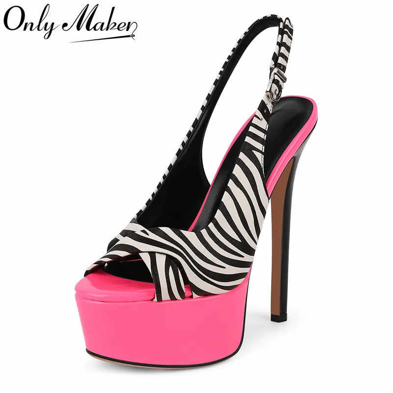 Onlymaker Women Mixed Colors Thin High Heel Striped Sandals Sexy Slingback Buckle Strap Pumps  Party Dress Sandals
