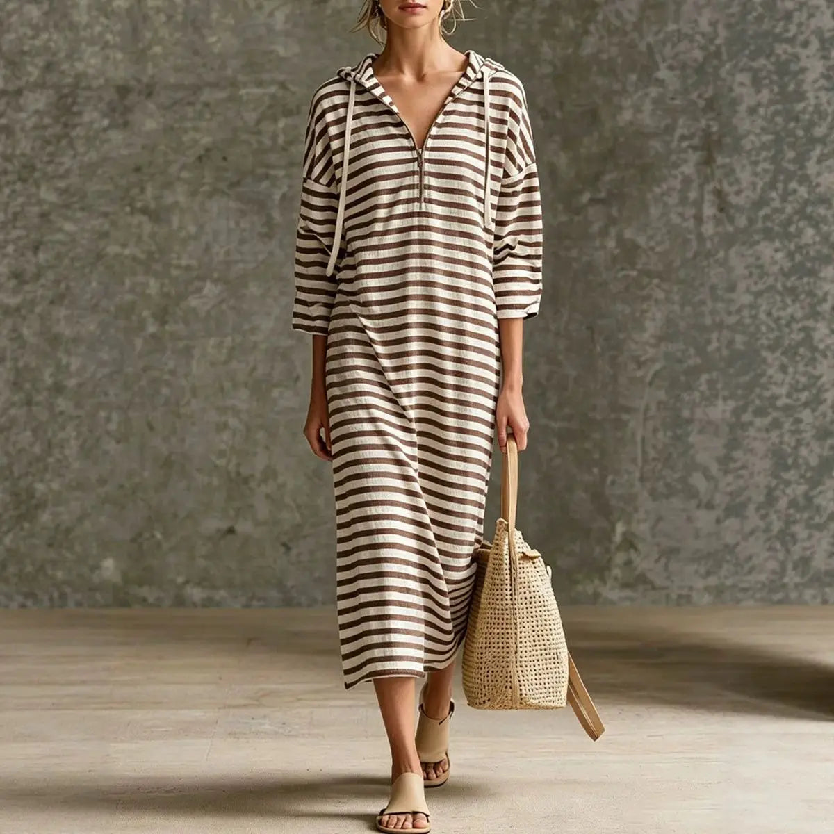 Autumn Striped Hooded Maxi Dress