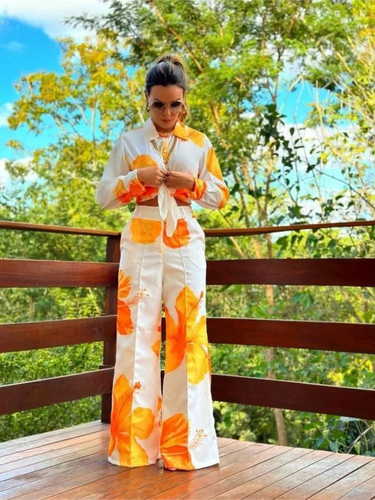 Floral Fashion Printed Shirt Spring Autumn Wide Leg Pants Two-piece Set