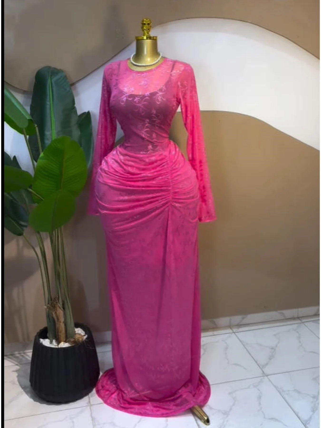 Long Sleeve Stacked Mesh See Though with Lining Bodycon Long Dress