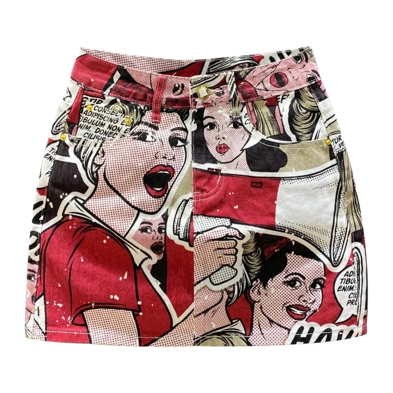 Cute Cartoon Pattern High Waist Denim Skirt