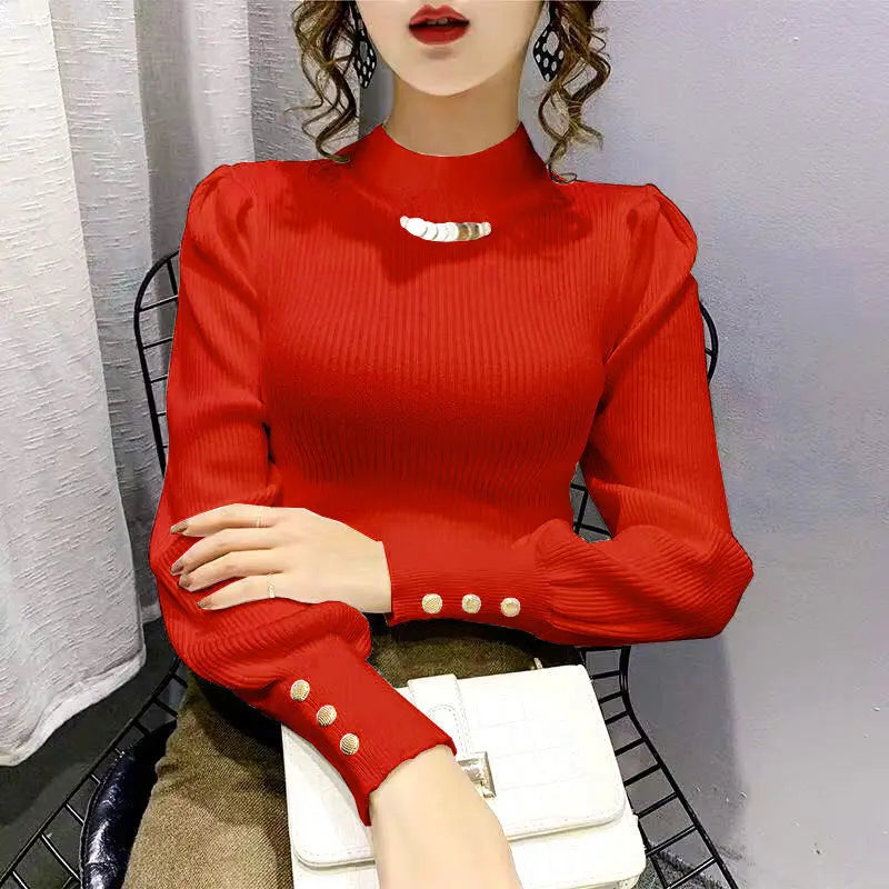 Elegant Solid Color Button Puff Sleeve Sweaters
