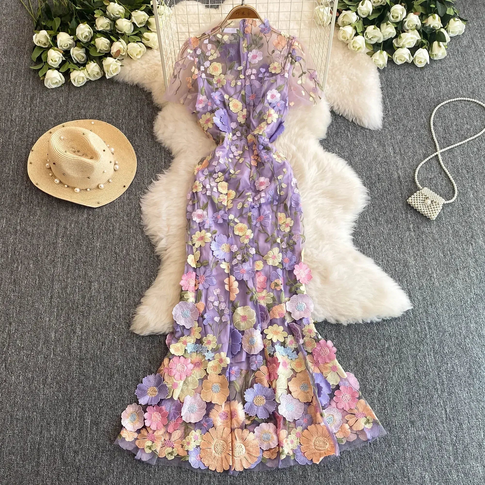 Summer High-end Embroidery Lace 3D Flower Short Sleeve Long Dress