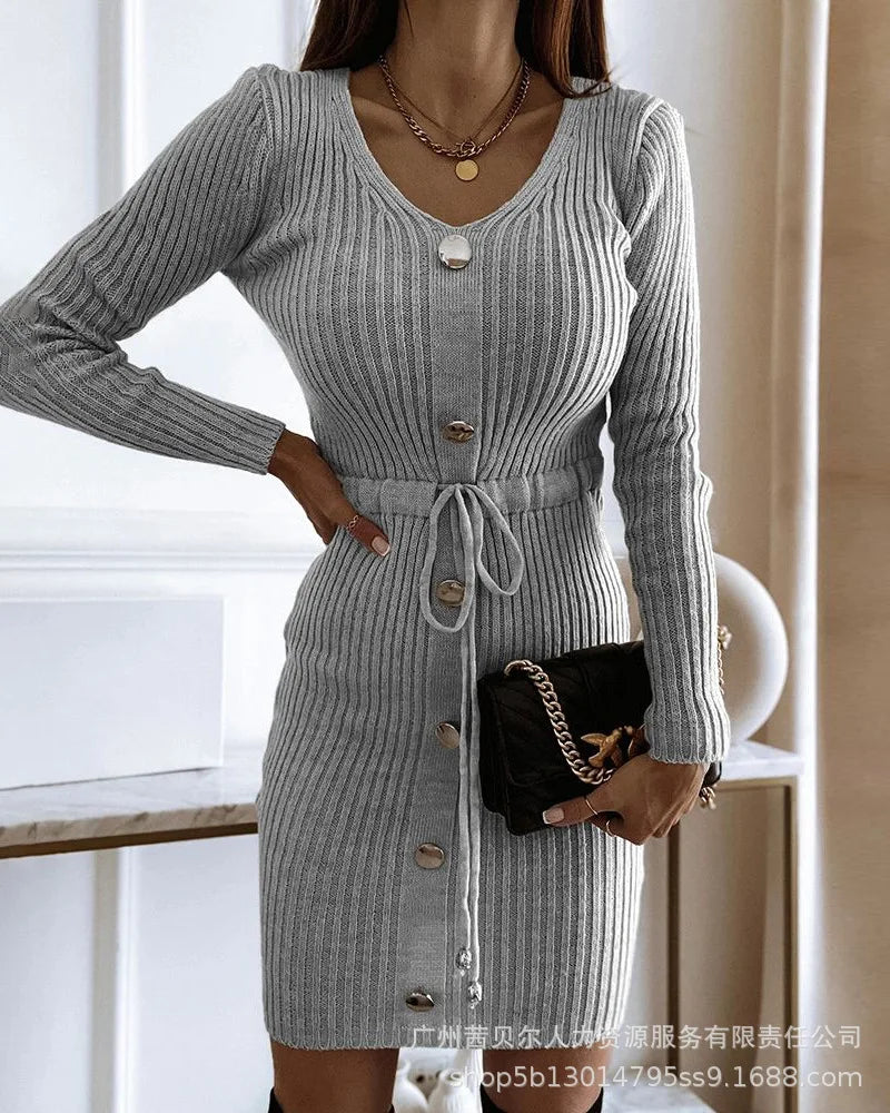 Knitted V Neck Full Sleeve Lace Up High Waist Drawstring Dress