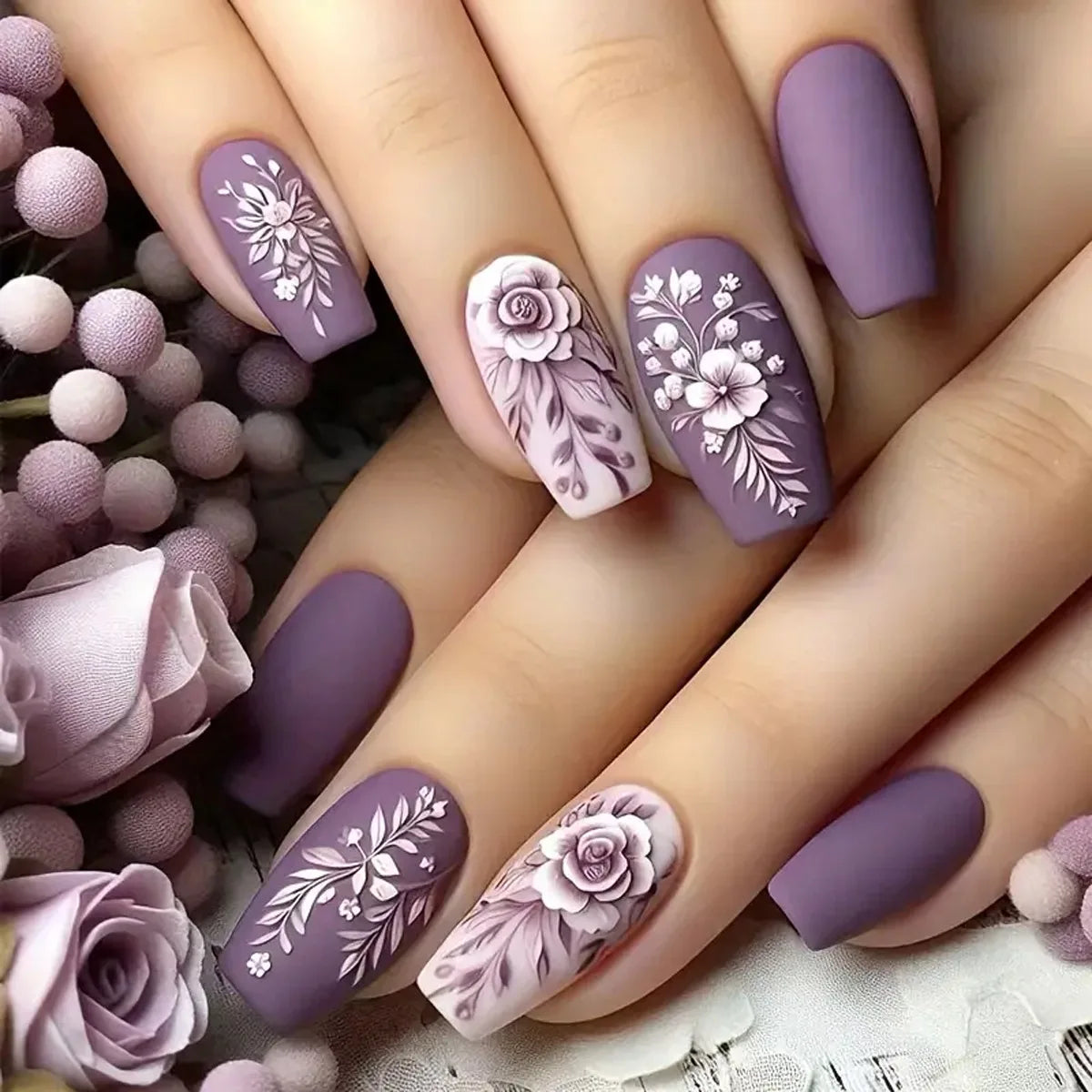 24pcs Press on Nails Flower Design