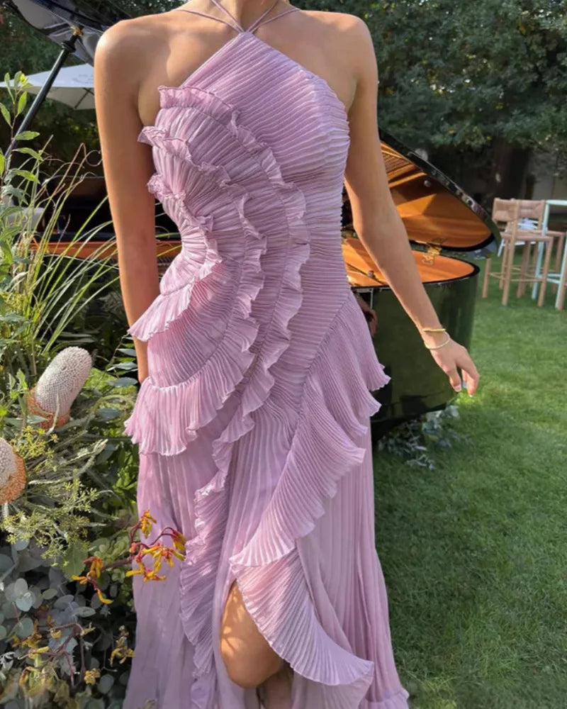 Chic Pleated Halter Neck Long Vacation Dress