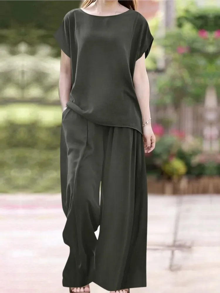 Retro Solid Color Loose Suit Short-sleeved Round Neck Casual Top Wide-leg Pants Sets