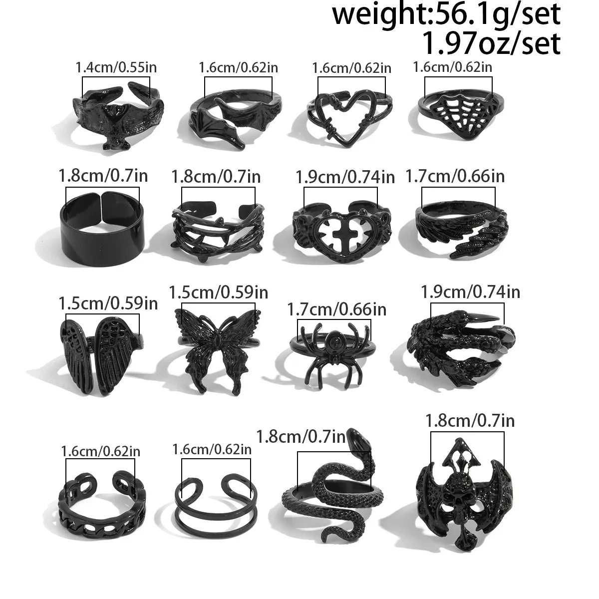 Gothic Punk Black Snake Buttefly Spider Bat Heart Rings Set