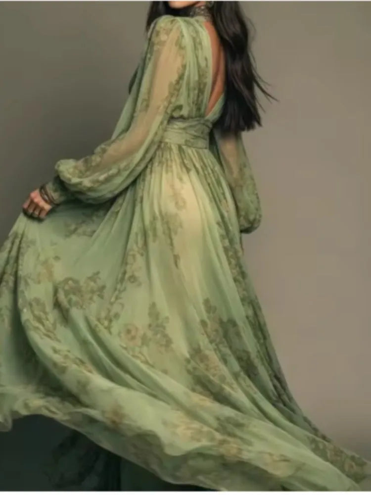Spring Print V-Neck Long Sleeve Flowy Dress