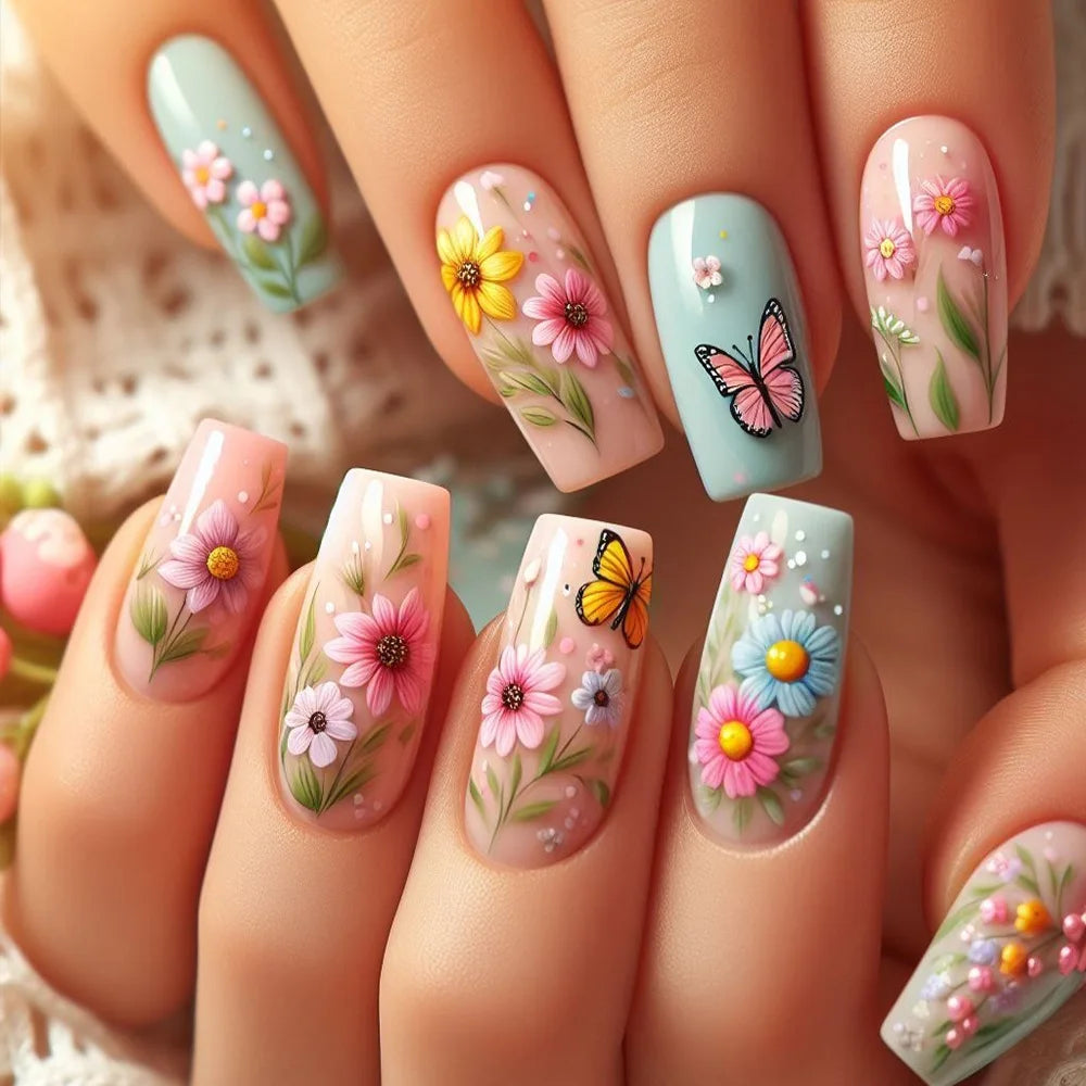 24pcs Mid-length  Flower Design Stick on Fake Nail