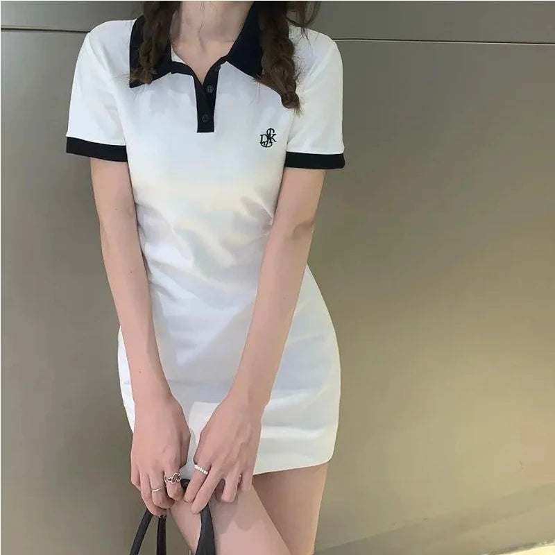 Polo Short Sleeve Mini Skirt Slim Sheath Tight Dress Collar Shirt