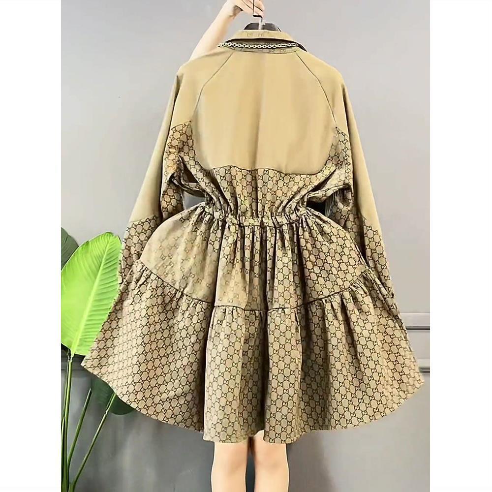 Polo Neck Lattice Printing Patchwork Lantern Sleeve Tassels Decorate Pleats Big Hem Elastic Waist Lace Up Dresses