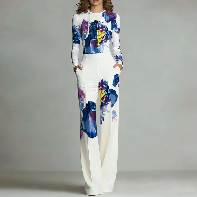 Spring Abstract Floral Two‑Piece Set – Elegant Long Sleeve Top & High Waist Wide Leg Pants