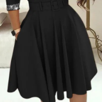 Autumn and Winter Elegant Waist Wrapped Mid Long Sleeve Solid V-Neck Fashion Dresses
