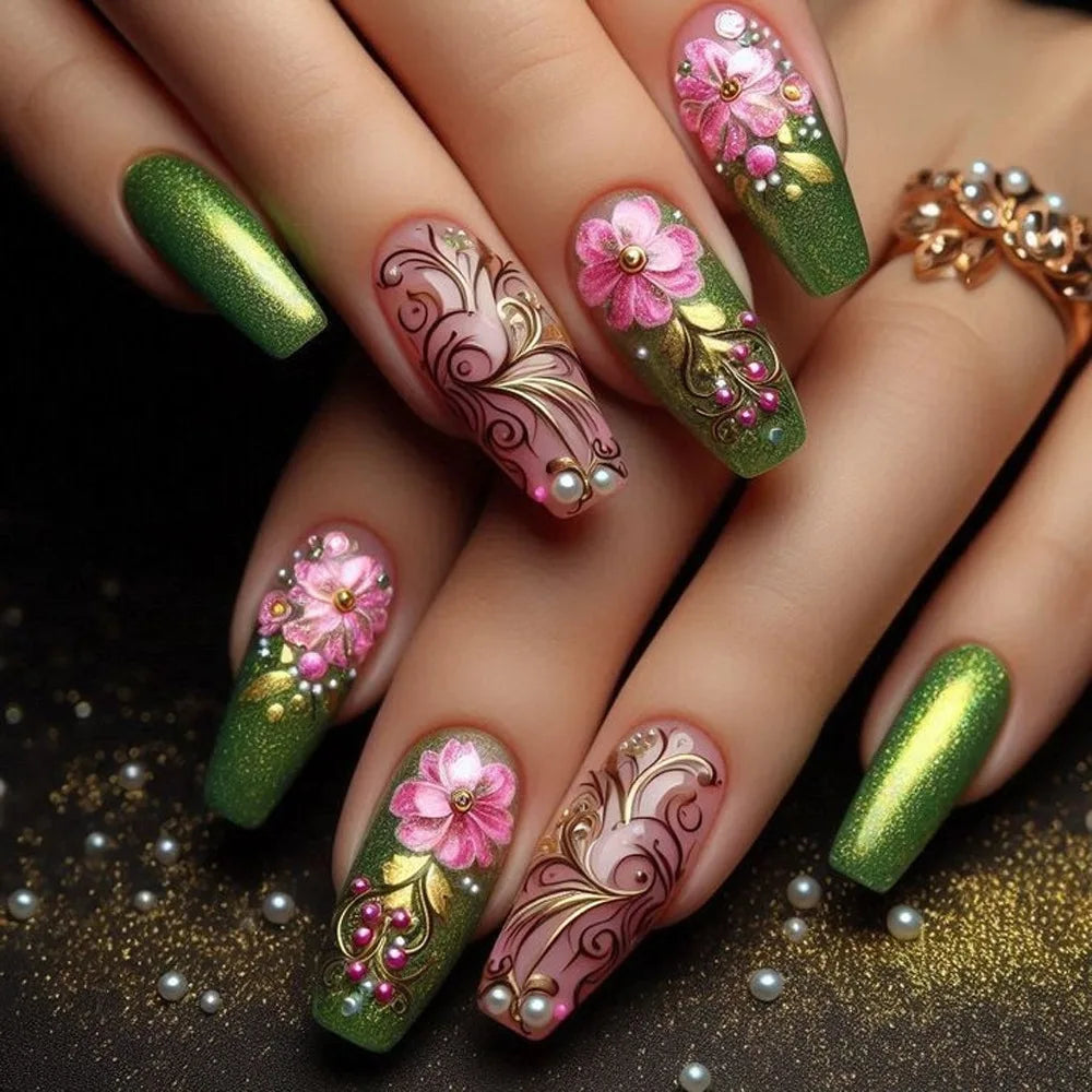 24pcs Mid-length  Flower Design Stick on Fake Nail