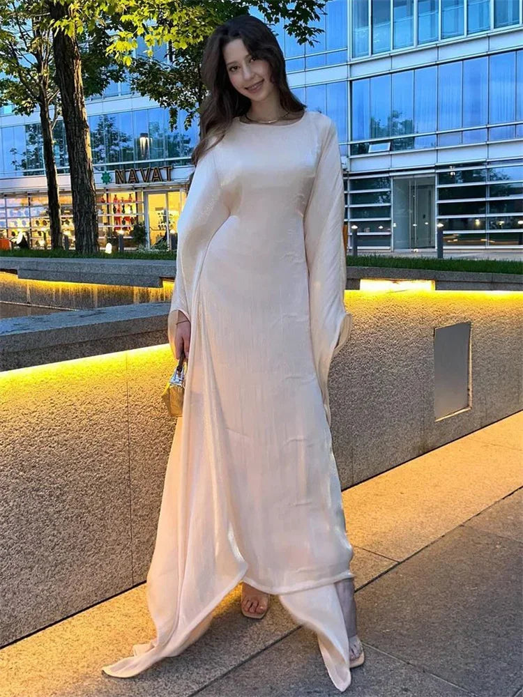 Autumn Loose Butterfly Batwing Long Sleeve Shiny Maxi Dress