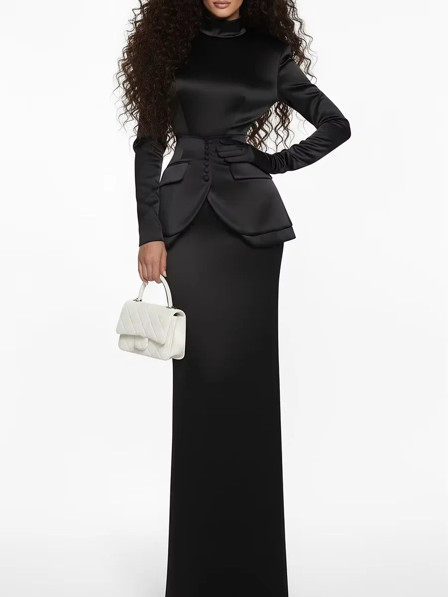 Solid Slimming  Stand Neck Long Sleeves Tunic Top High Waist Skirt Two Piece Sets