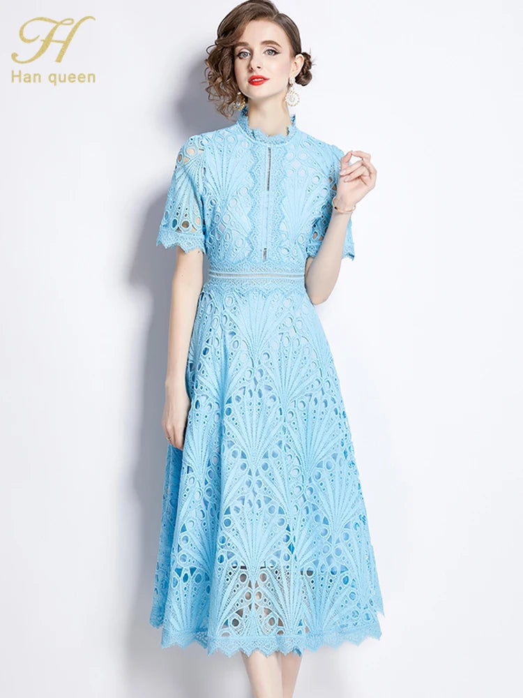 Spring New Elegant Floral Crochet Hollow Out Lace Patchwork Casual Office Midi Dress