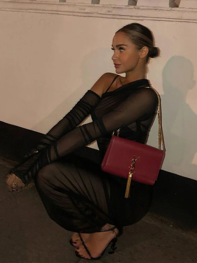 Mesh See Through Sexy Casual Slim Camisole Black Bodycon Skirts