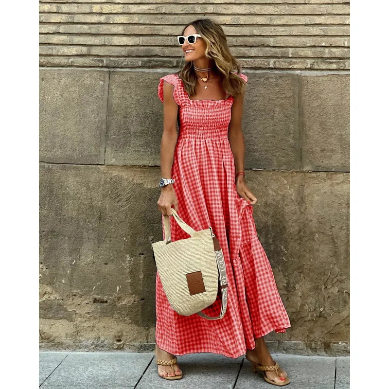 Elegant Plaid Slip Maxi Long Dress
