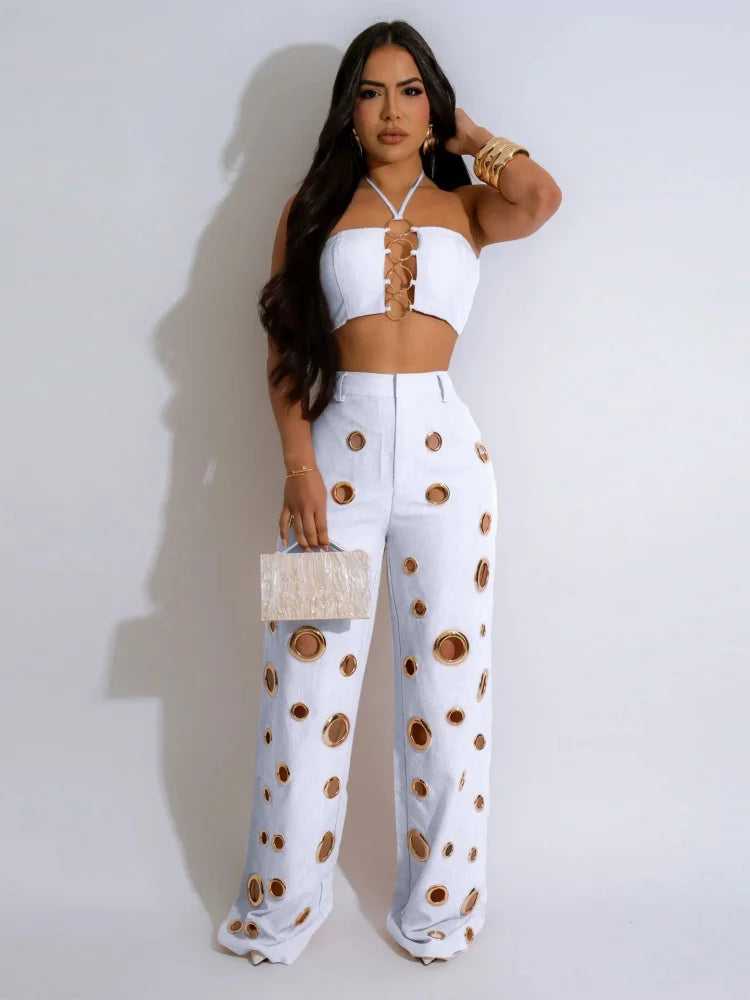 Two Piece Club Set – Cutout Crop Top & Matching Pants for Summer Nights