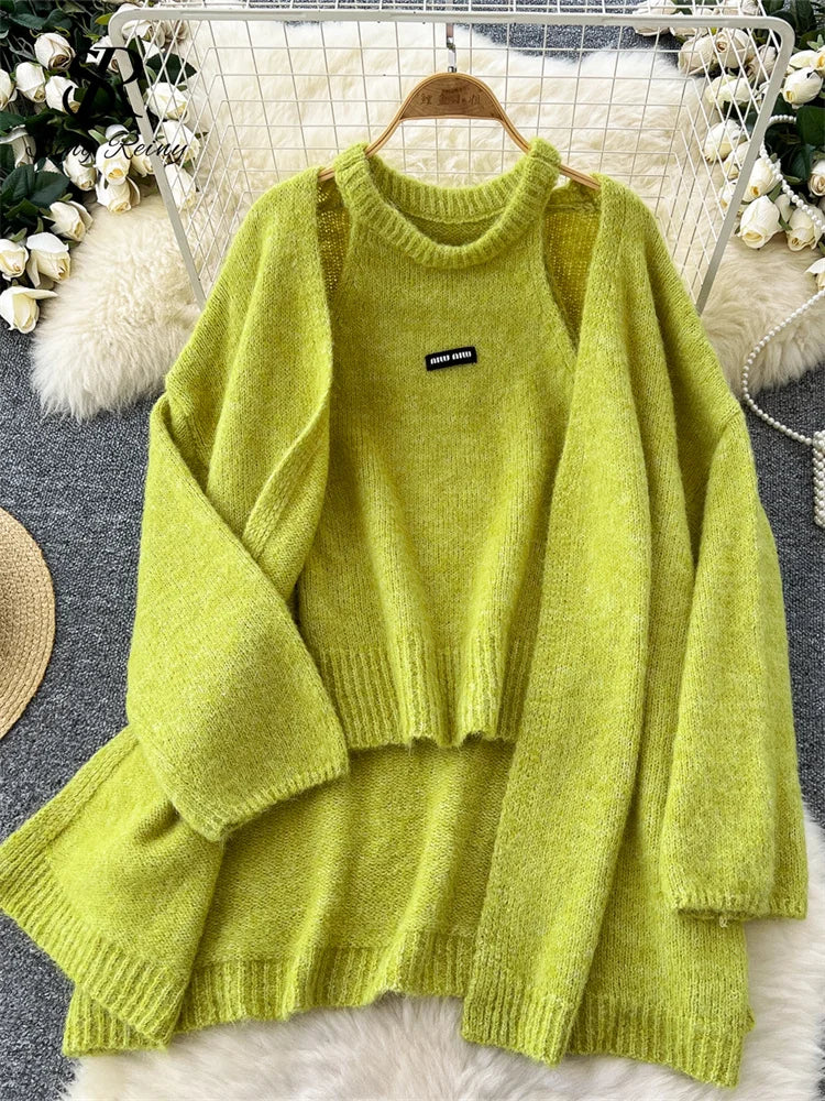 Long Sleeves Loose Warm Cardigan+Sleeveless Knitting Tank Top