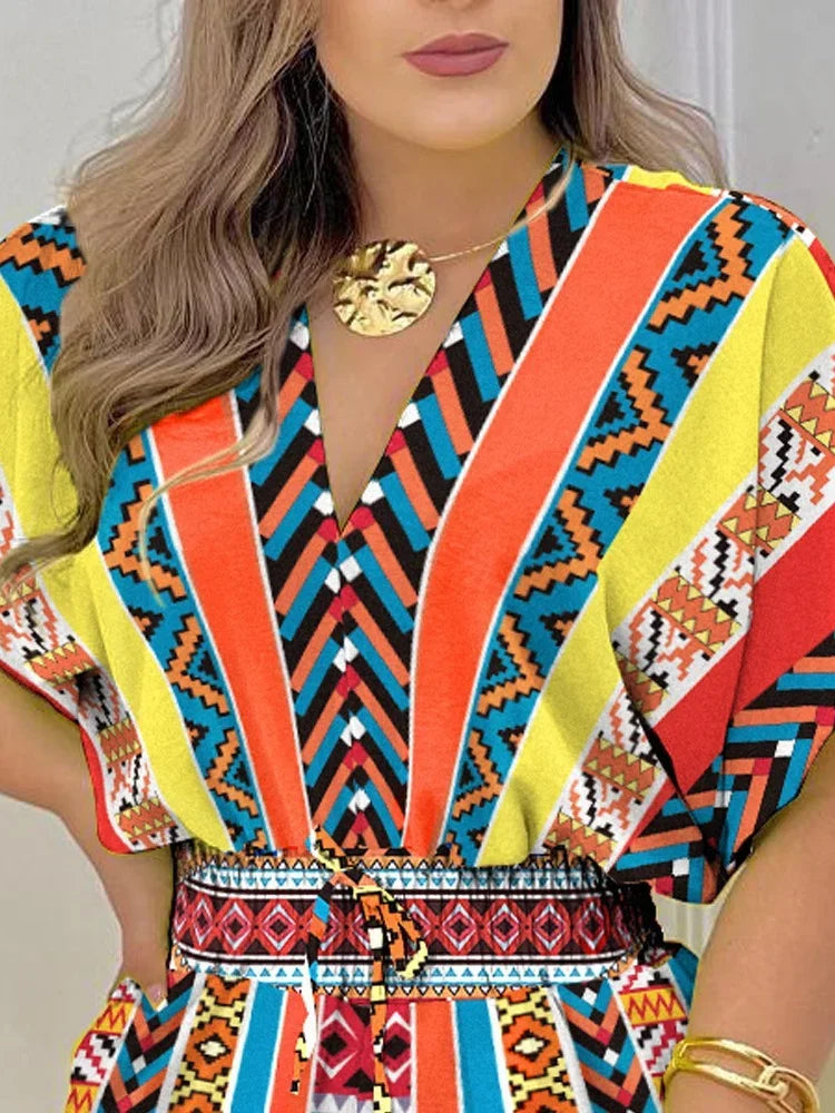 New Loose Casual Printing Fashion V-neck Short Sleeve Waist Shorts Drawstring Pleated Streetwear Romper
