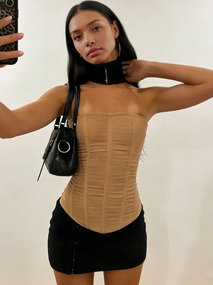 Mesh Backless Summer Patchwork Strapless Solid Slim Sexy  Tank Top
