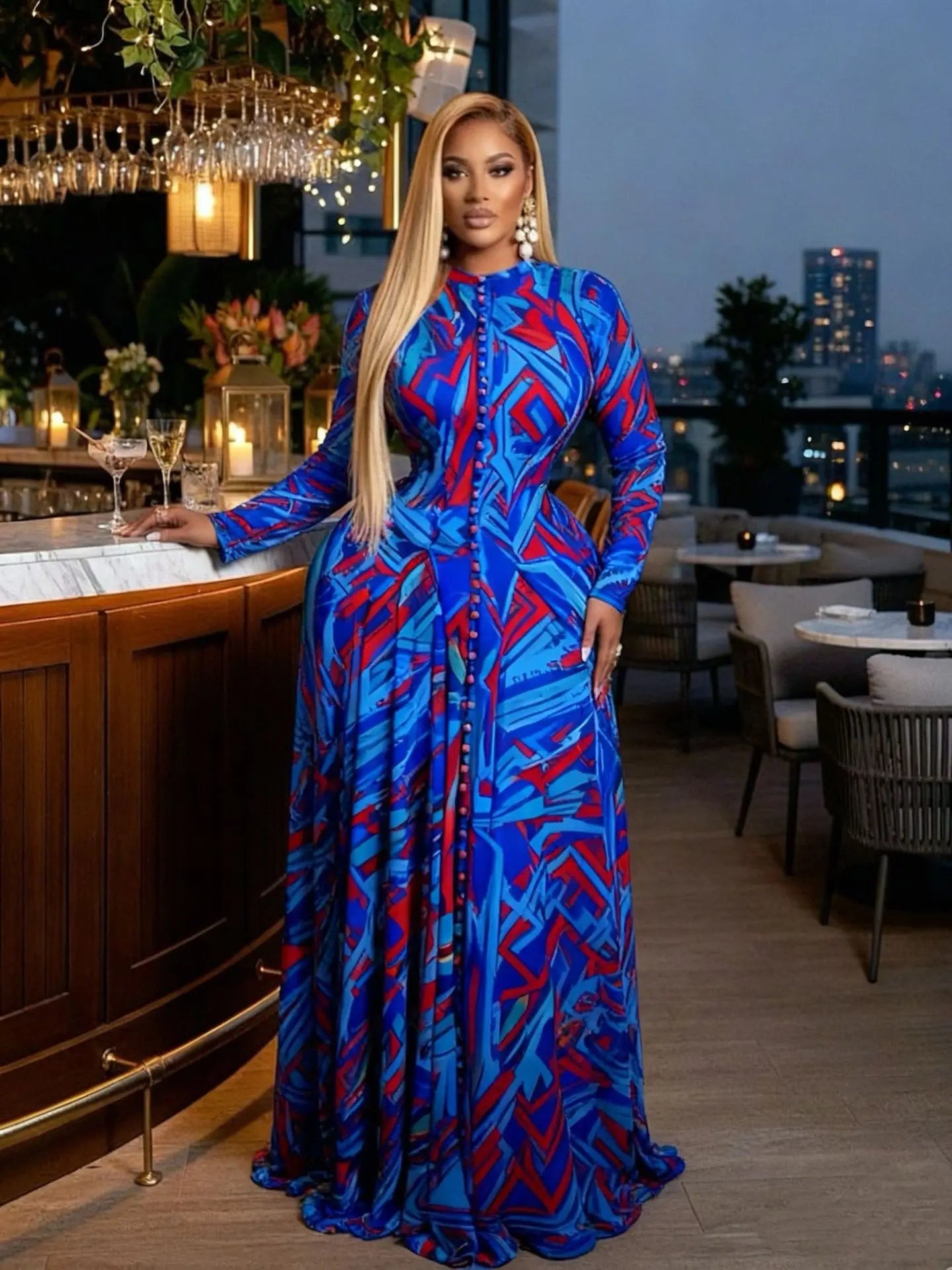 O-neck Long Sleeve Big Swing Tie Dye Print Long Dress