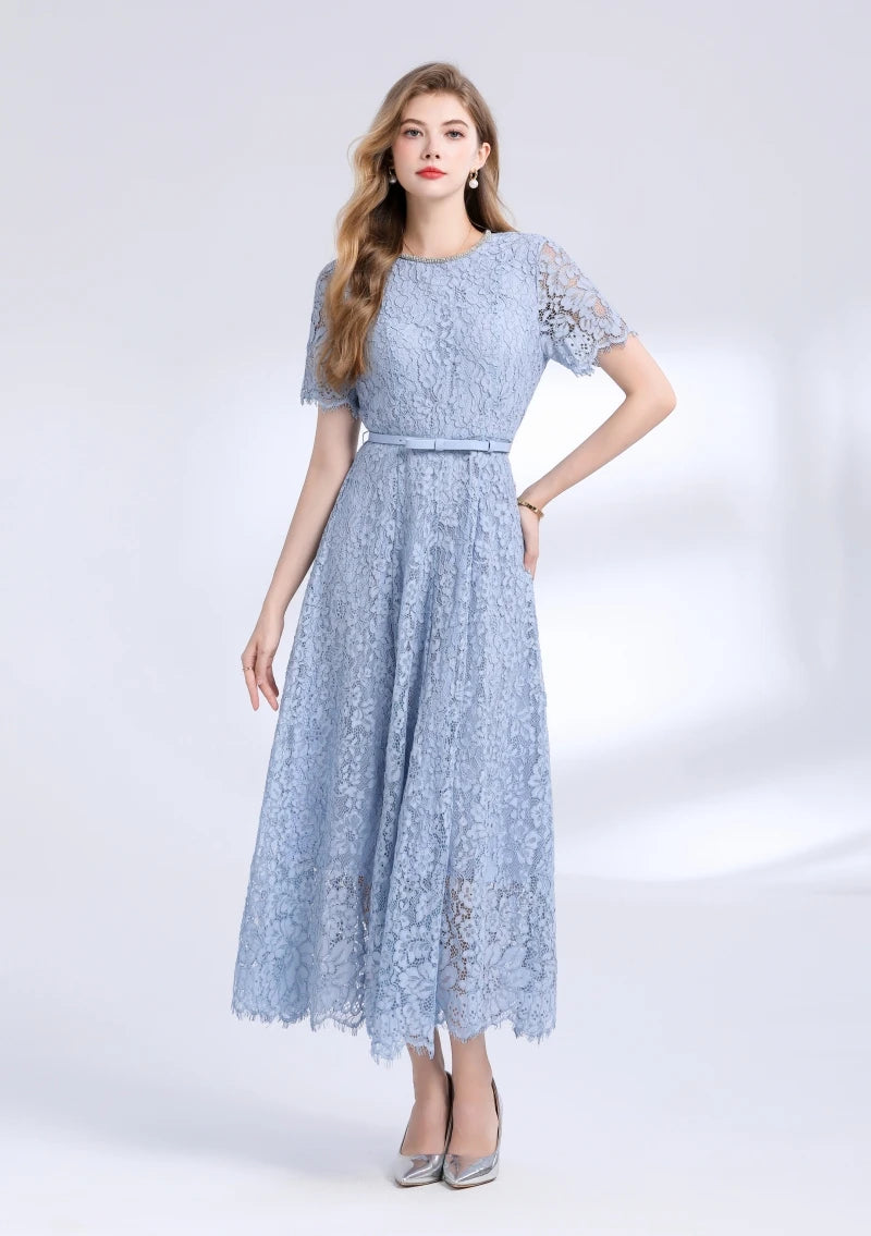 Lace Midi Dress with Belt – Luxury Office & Cocktail Essential