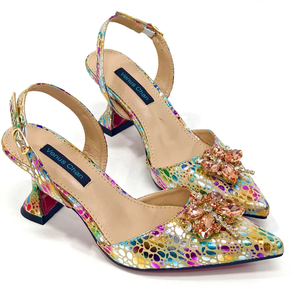 Champagne Color Thin Heels Pointed Toe Crystal Design Ladies Shoes Matching Bag Set