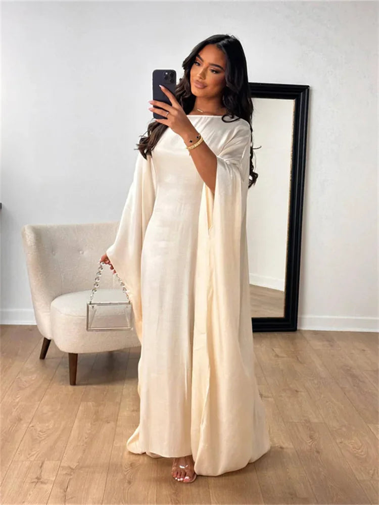 Autumn Loose Butterfly Batwing Long Sleeve Shiny Maxi Dress