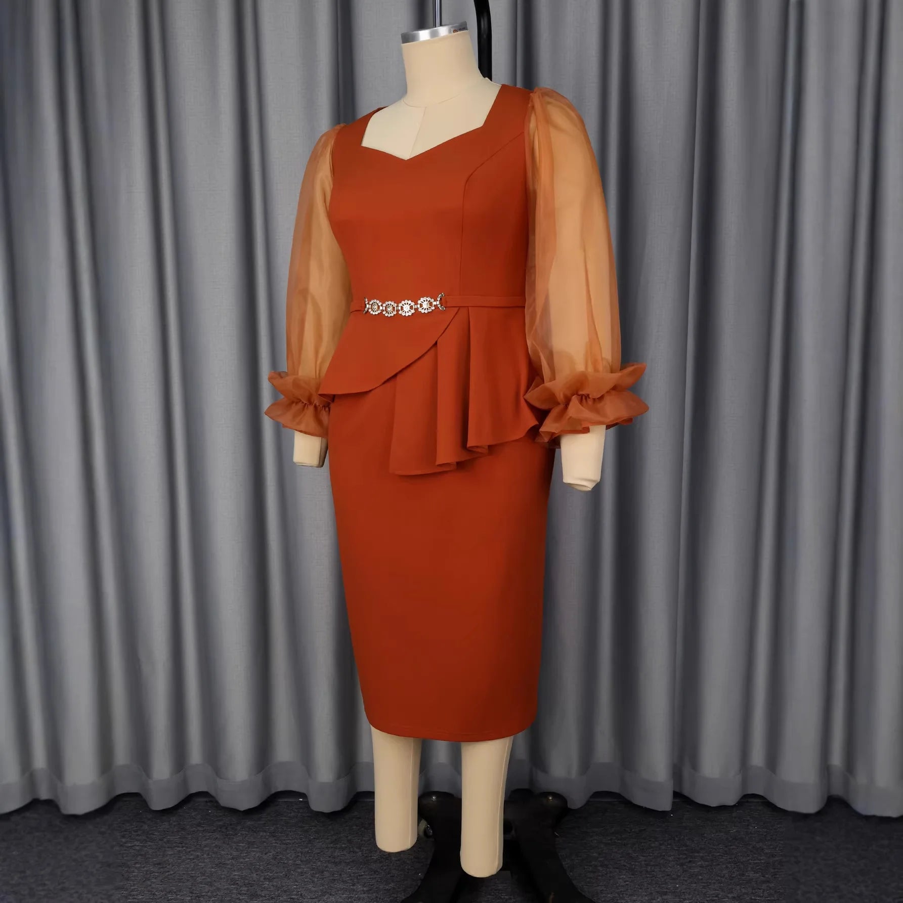 Elegant 2026 Summer African Long Sleeve V-neck Mesh Polyester Bodycon Midi Dress