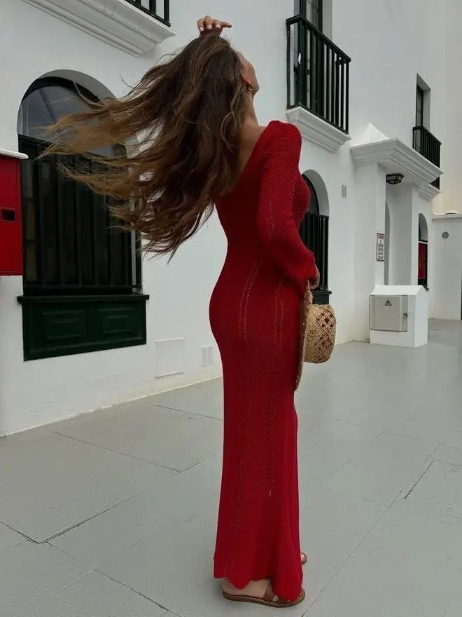 Elegant Knitted Sweater Long Sleeved V-neck Dress