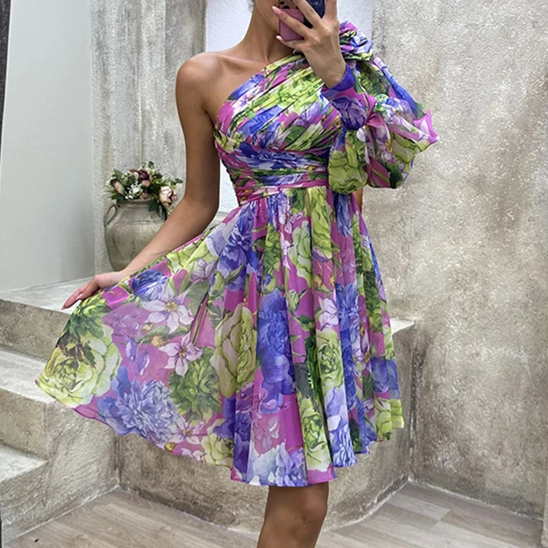High Split Loose Hem One Shoulder Print Beach Party Dress