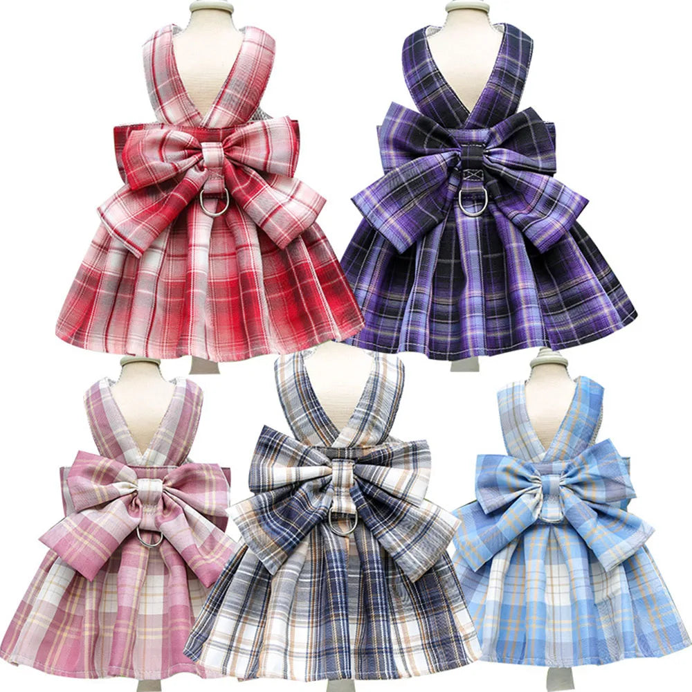 Plaid Dog Dress Bow Tie Harness Leash Set for Small Dogs Cats
