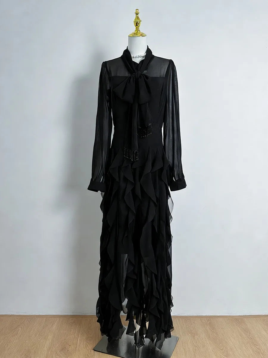 Solid Sheer Spliced Stand Neck Long Sleeves Tunic Patchwork Bow Dress
