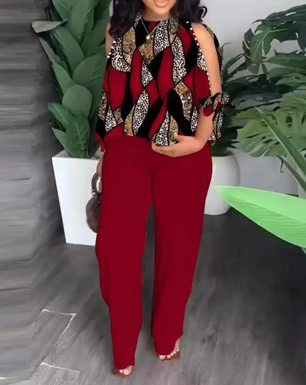 Plus Size Fashion Short Sleeve Crew Neck Beaded Positioning Printed Tops + Straight Pants