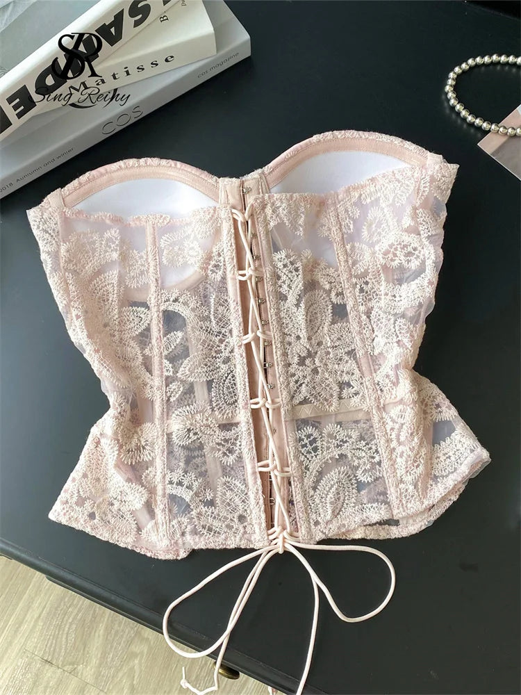 Floral Embroidery Sexy  Strapless Slim Corset Backless Tank Top