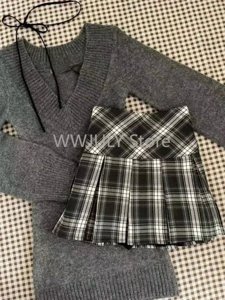 Autumn Winter  V-neck French Vintage Sweater Long Sleeve Pullovers Knitwears