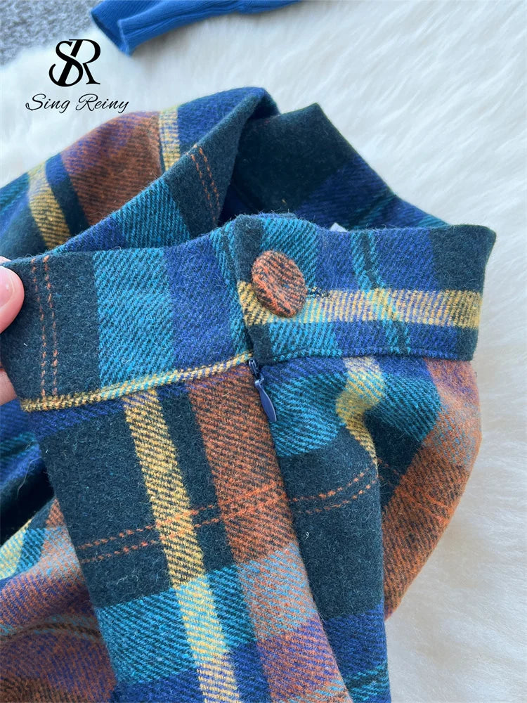 Fashion Spring Knitted Loose Pullovers+Plaid A Line Long Skirt