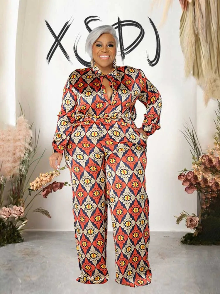 Plus Size Autumn Shirt Blouse and Straight Trouser Print