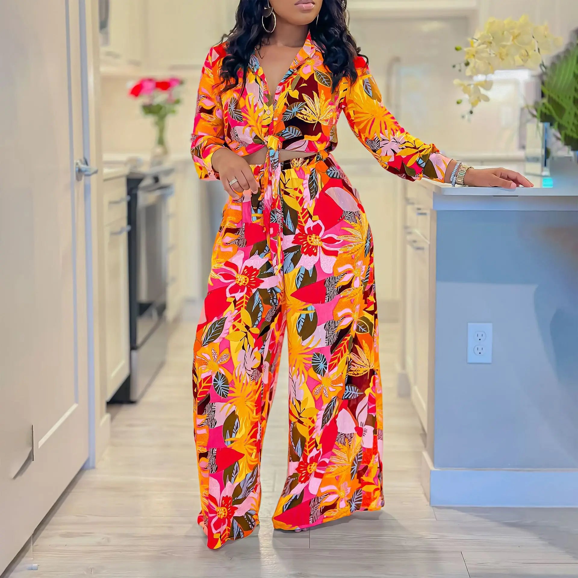Spring Summer New Long Sleeved Printed  Fashion Lapel Single Breasted Shirt Wide Leg Trousers Two Piece Set