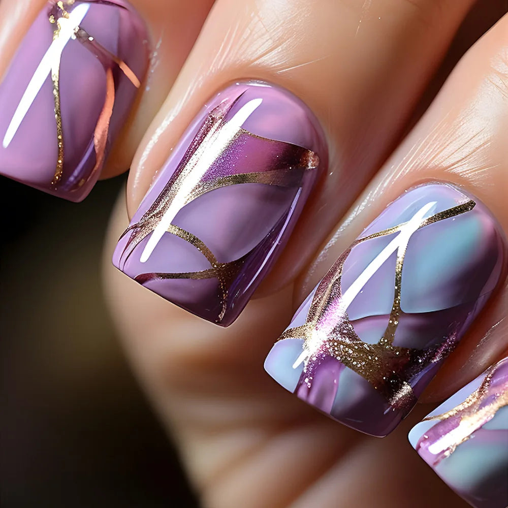 24Pcs Mid-length Square Press-On Nails with Golden Butterfly Design