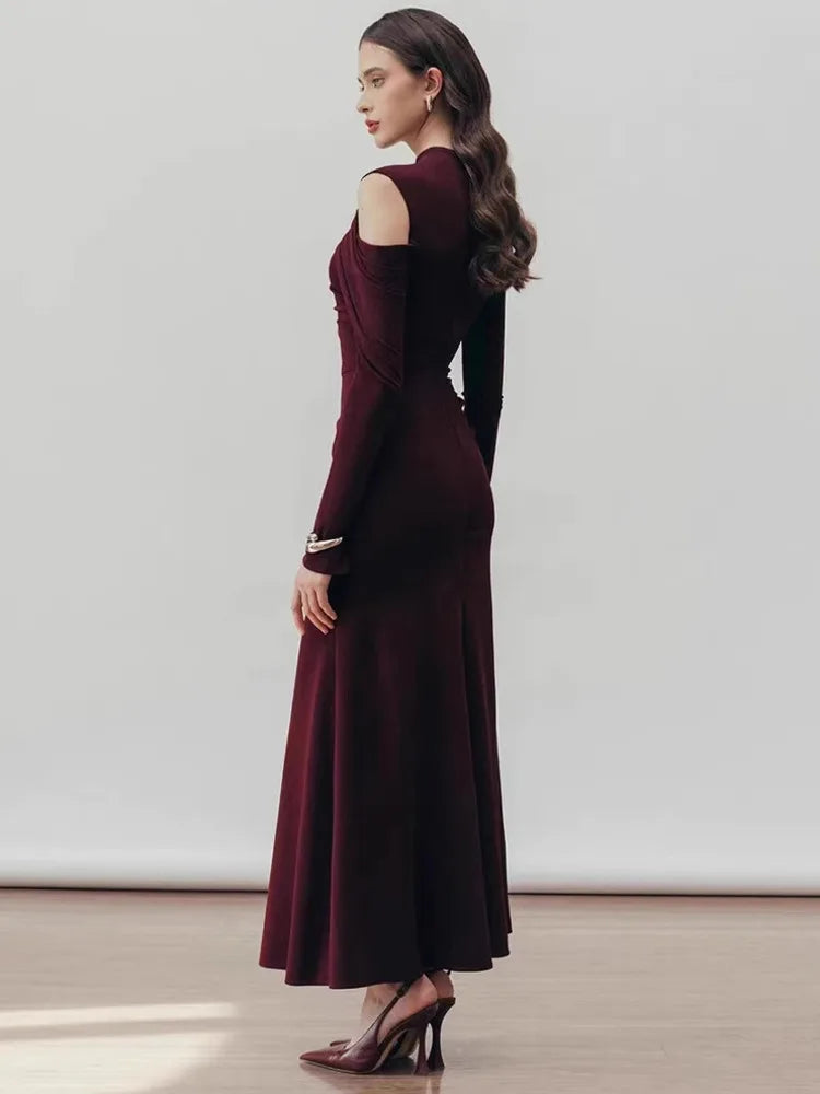 Round Collar Hollow Out Shoulder Solid Color A Line Luxury Dress