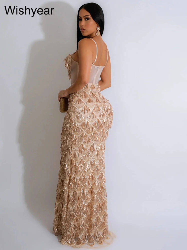 Sequined Spaghetti Strap Mesh Patchwork Bodycon Dress